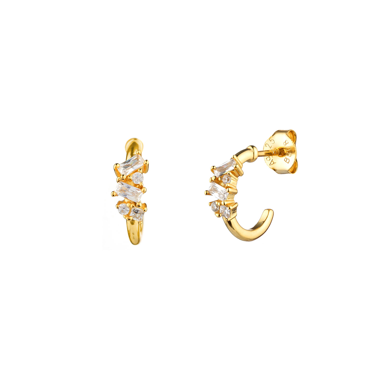 Pendiente Plata Circonita Pendientes Semi Aro - 3 Circonitas   - 12 mm - Bañado Oro y Plata Rodiada