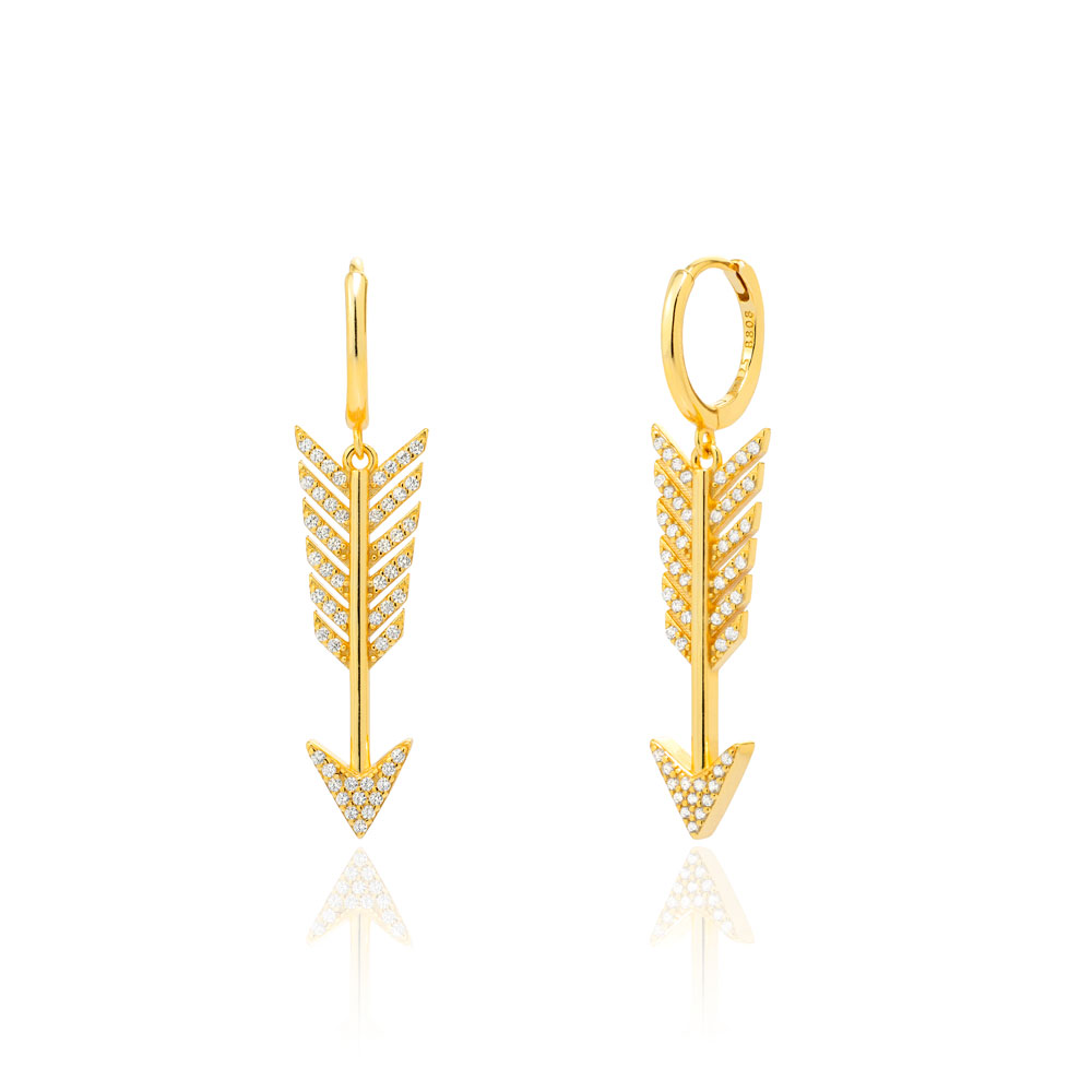 Pendiente Plata Circonita Pendientes Aro Flecha - 12+27 mm  - Circonita Blanca - Bañado Oro