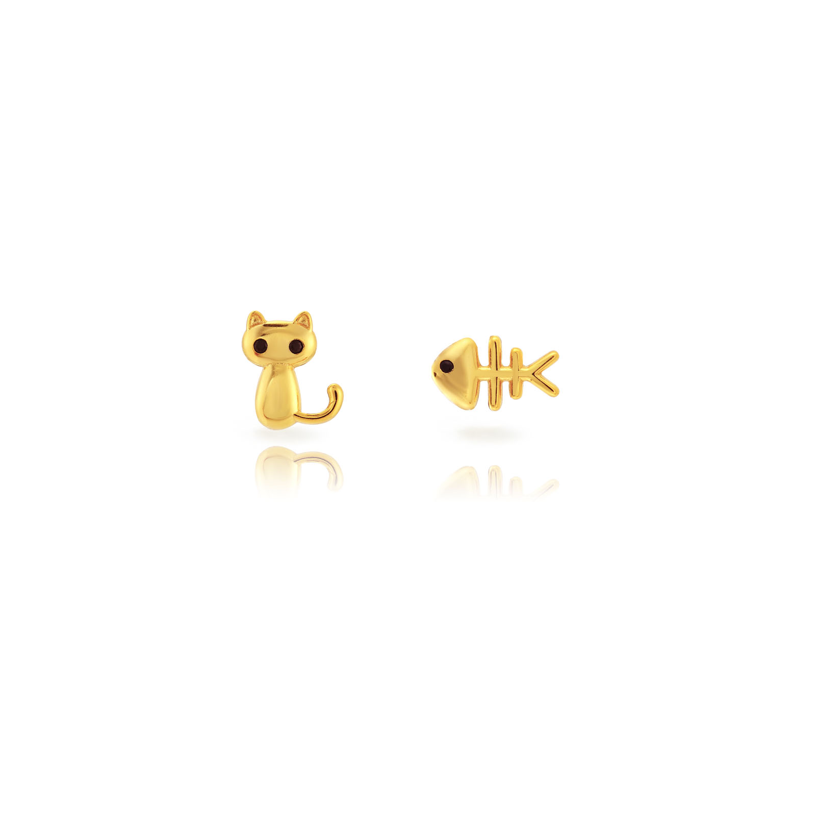 Silver Zircon Earrings Earrings Cat and Fishbone - Zirconia - Gold-Plated and Rhodium-Plated Silver