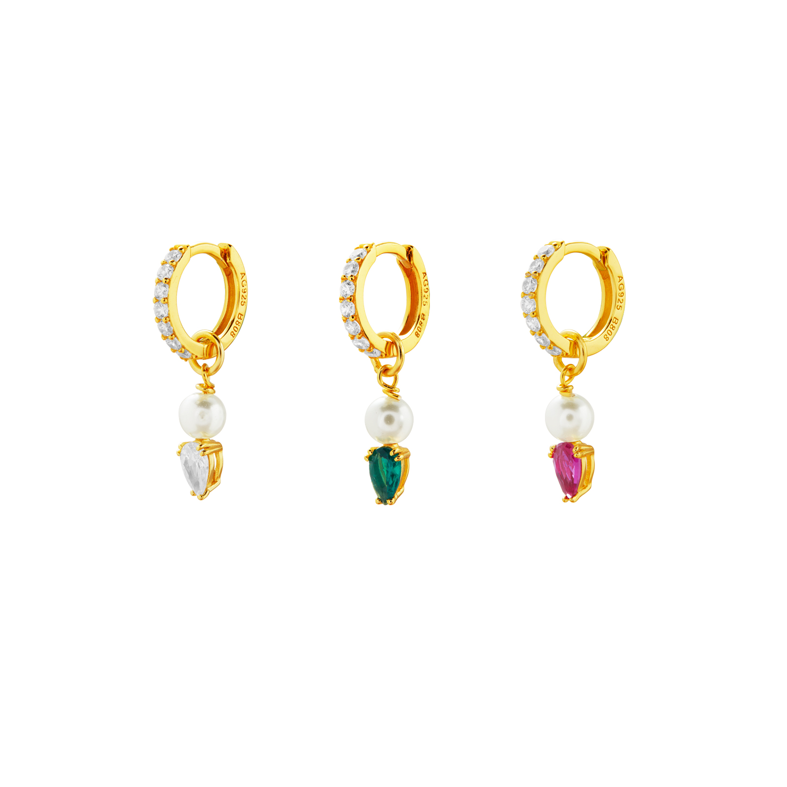 Pendiente Plata Circonita Pendientes Aro Perla - 11 + 10 mm - Circonita - Bañado Oro y Plata Rodiada