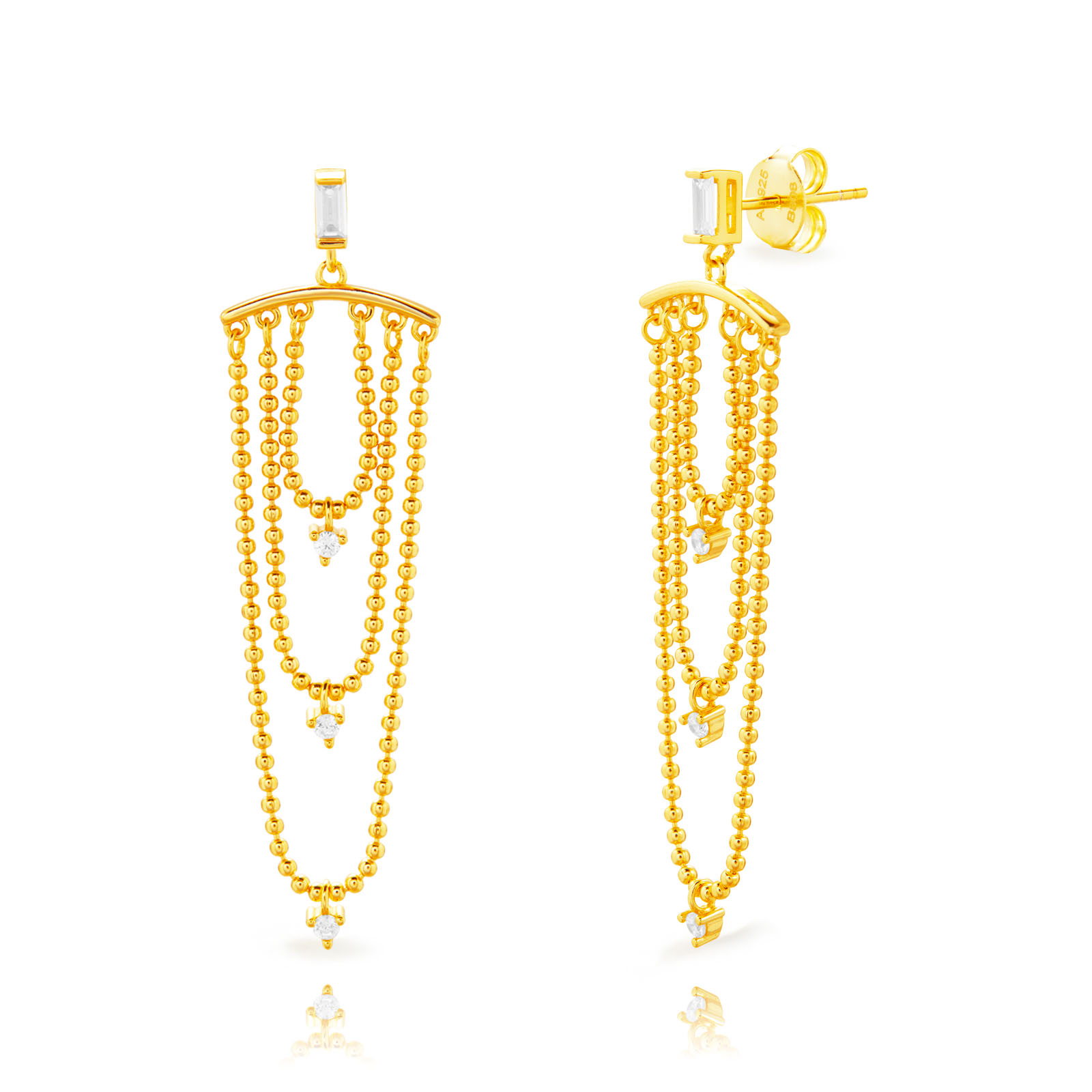 Pendiente Plata Circonita Pendientes Circonita - Triple Cadena - 50 mm - Bañado Oro y Plata Rodiada