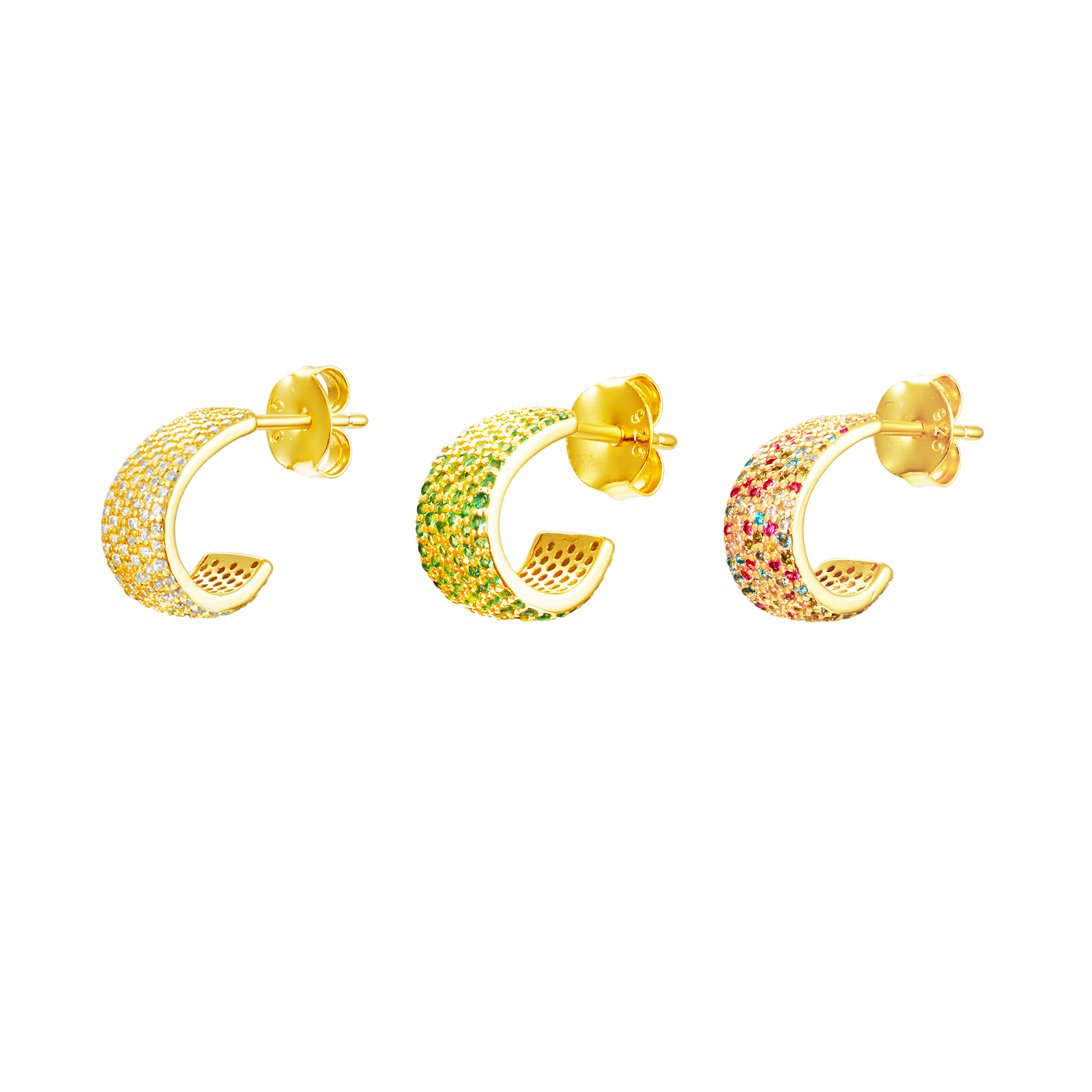 Pendiente Plata Circonita Pendientes Semi Aro  - 10 mm - Circonita - Bañado Oro y Plata Rhodiada