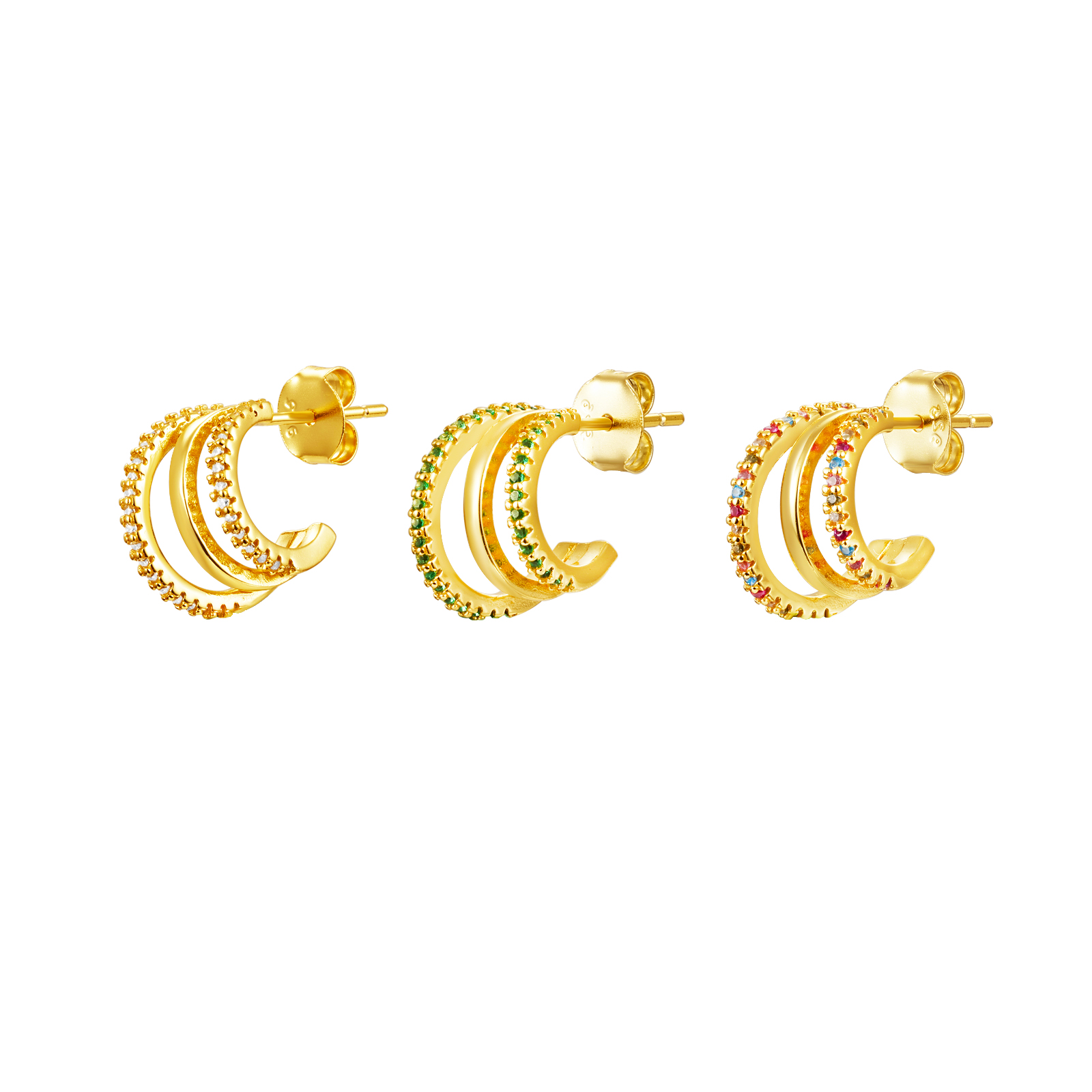 Pendiente Plata Circonita Pendientes Semi Aro - Triple Aro  - 12 mm - Circonita - Bañado Oro y Plata Rhodiada