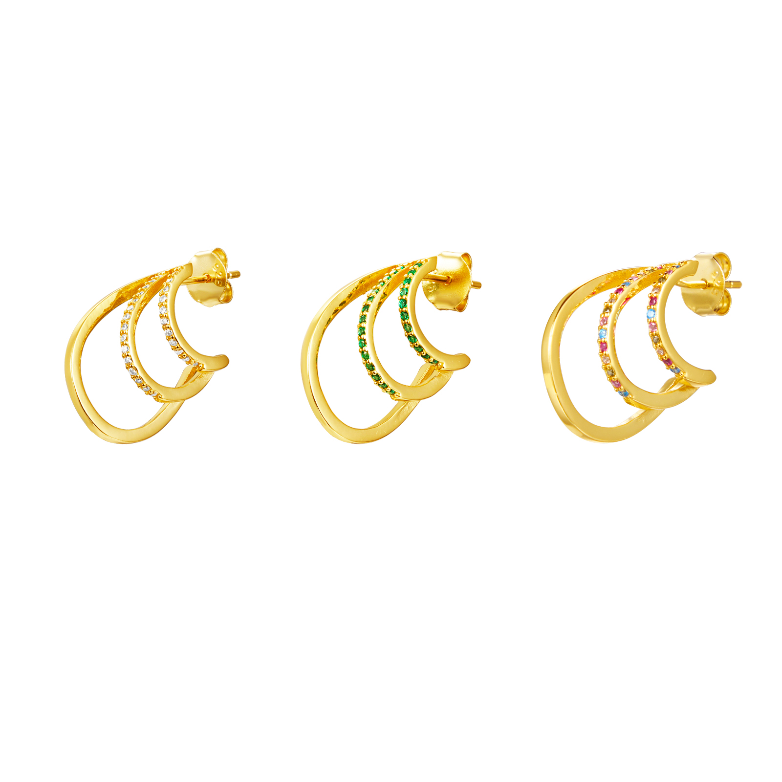 Pendiente Plata Circonita Pendientes Triples - Circonita  - 16 mm - Bañado Oro y Plata Rhodiada