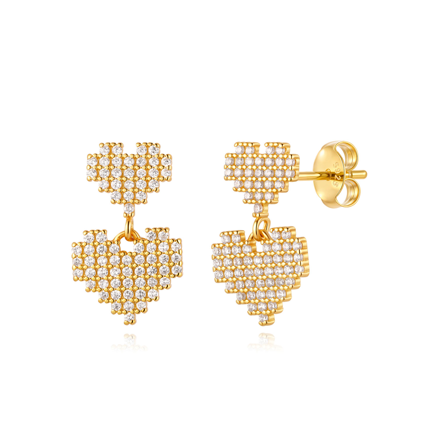 Pendiente Plata Circonita Pendientes Plata Circonita  - Doble Corazón - 16 mm - Bañado Oro y Plata Rodiada