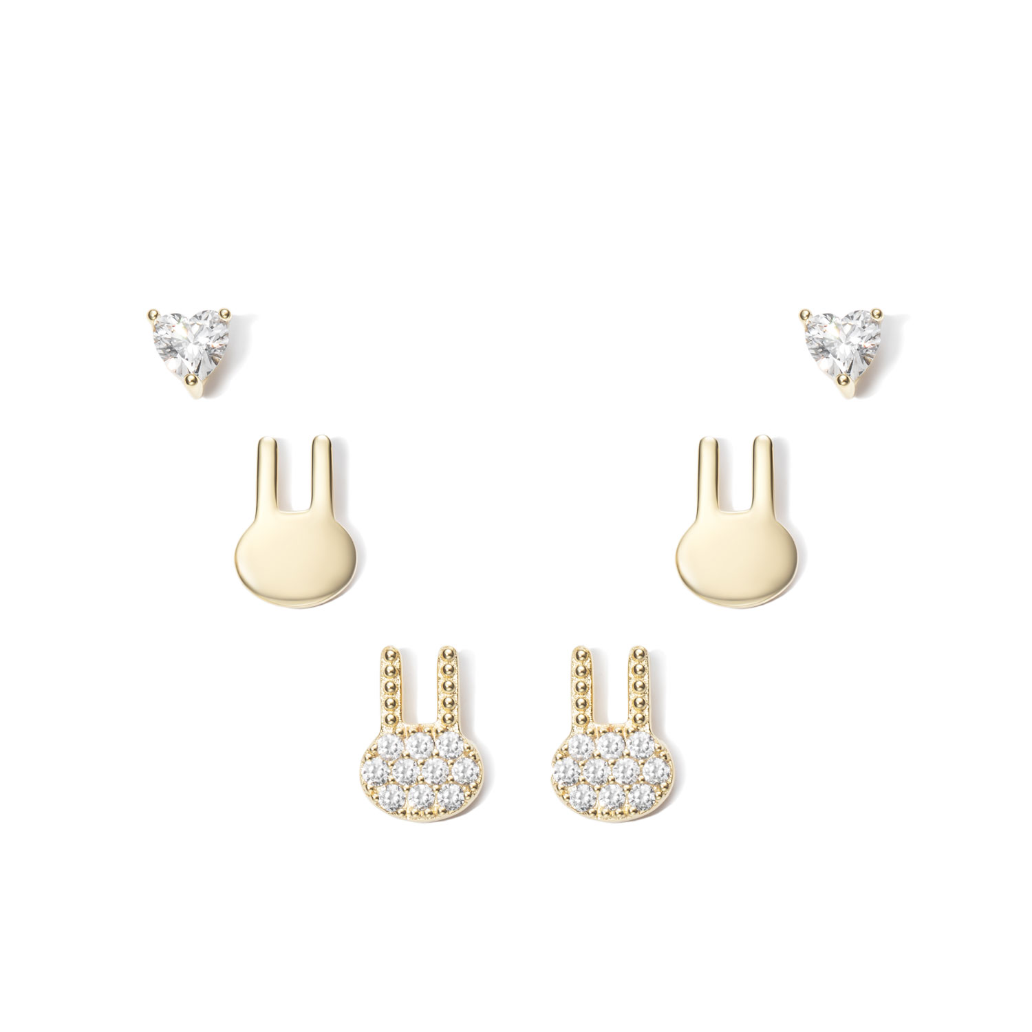 Pendiente Plata Circonita Pendientes Plata - Pack de Tres -  Conjeos y Corazón - Bañado Oro y Plata Rodiada