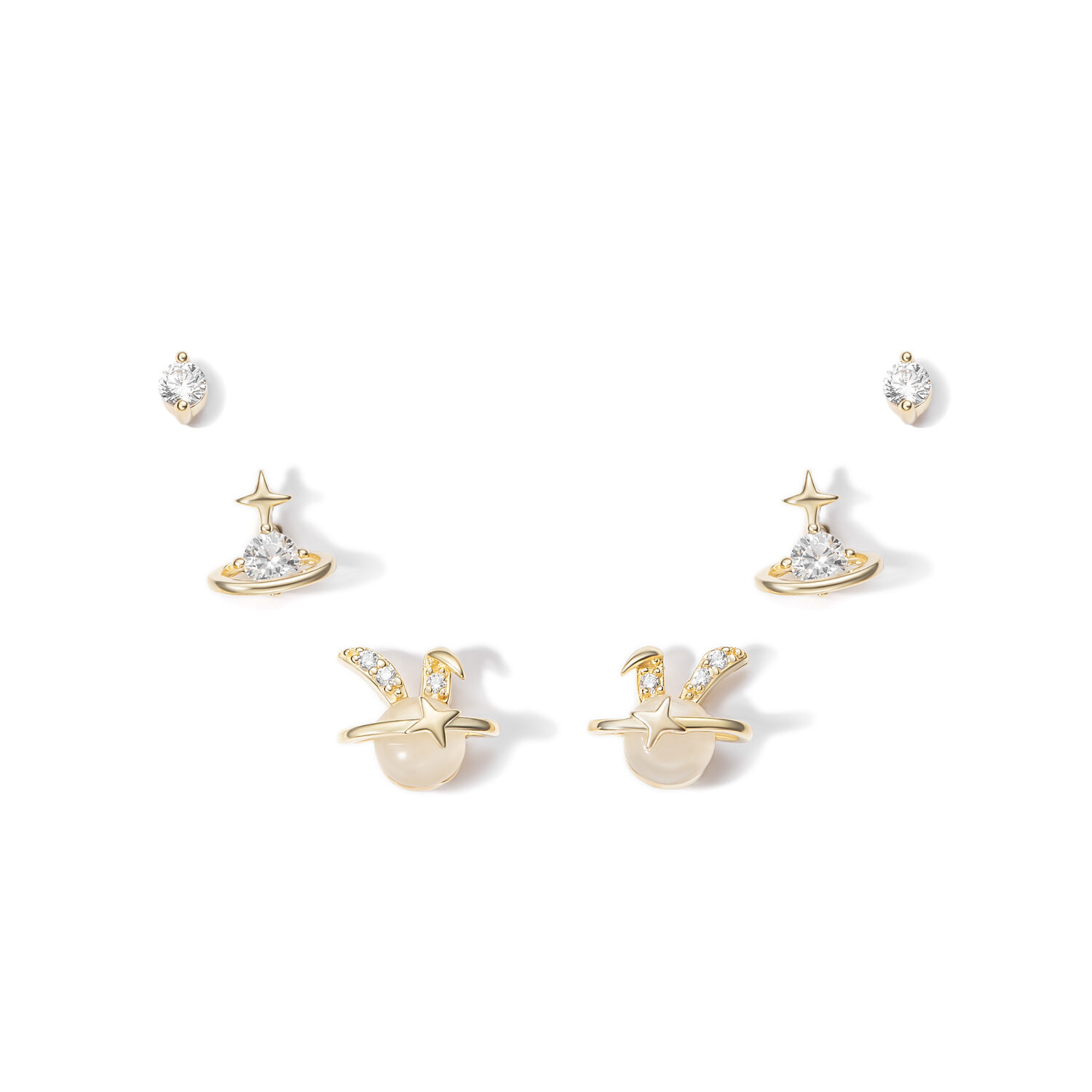 Pendiente Plata Circonita Pendientes Plata - Pack de Tres -  Saturno Conejo,Saturno y Círculo - Bañado Oro y Plata Rodiada