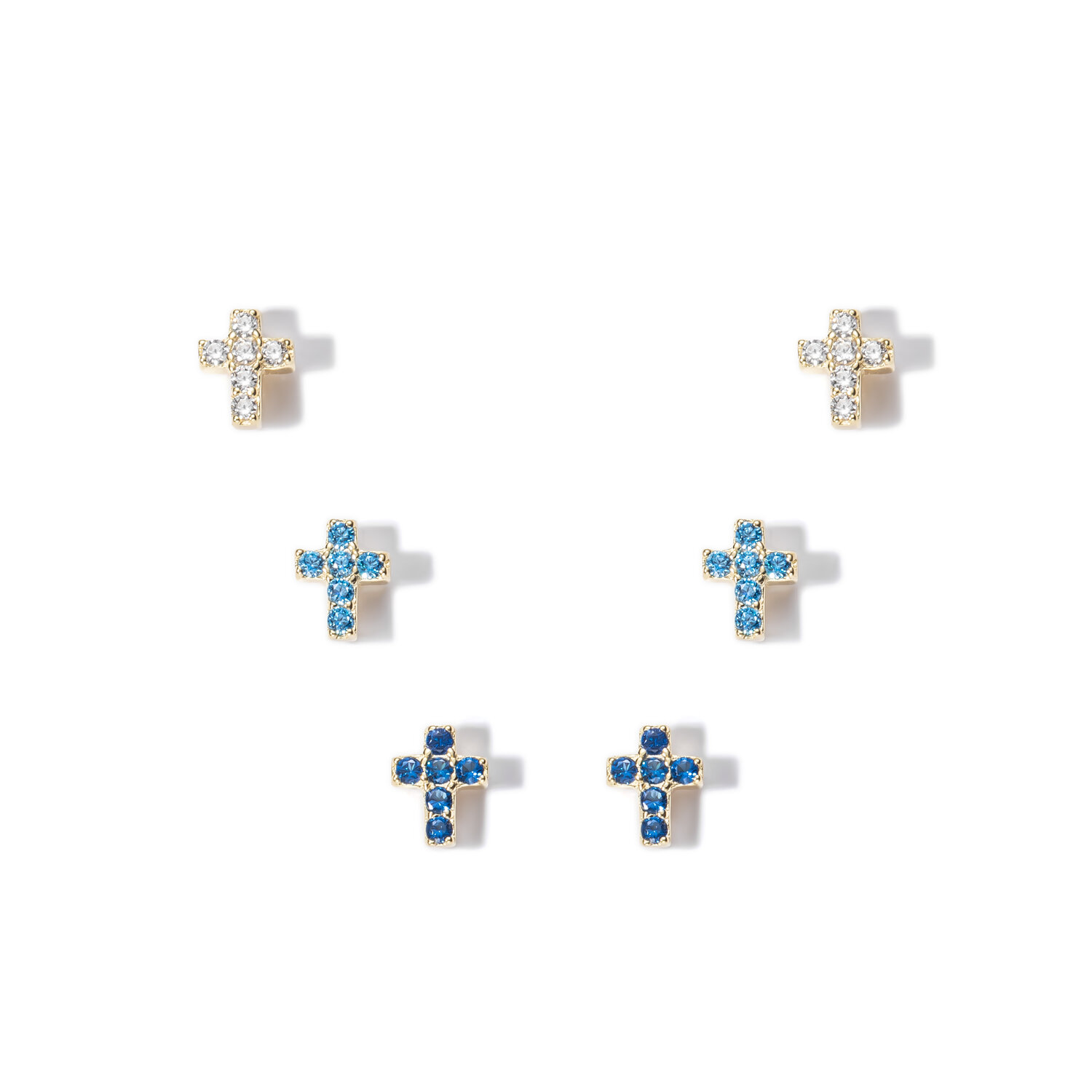 Pendiente Plata Circonita Pendientes Plata - Pack de Tres  Cruces-  Topaz Azul,Azul y Blanca - Bañado Oro y Plata Rodiada