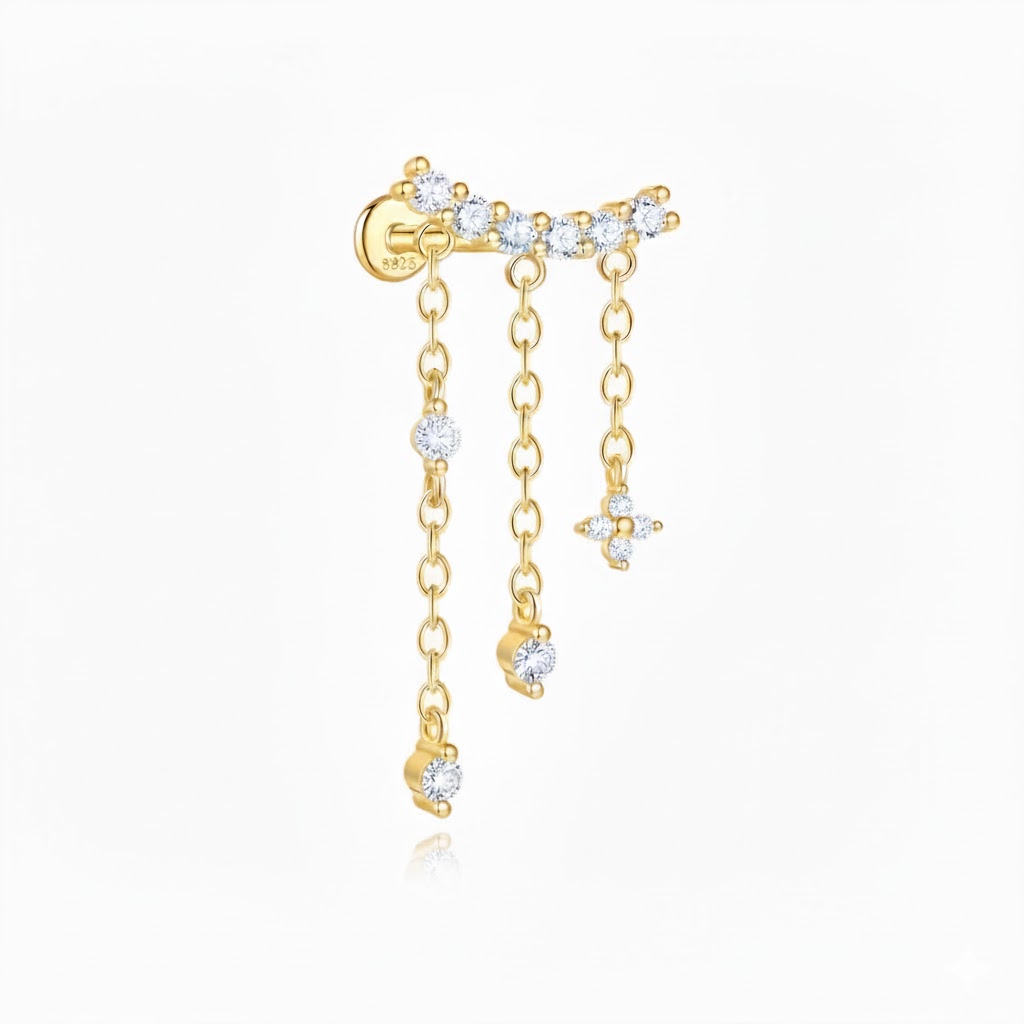 Pendiente Piercing Piercing Plata Circonita  y Cadenas  - 25 mm - Bañado Oro y Plata Rodiada