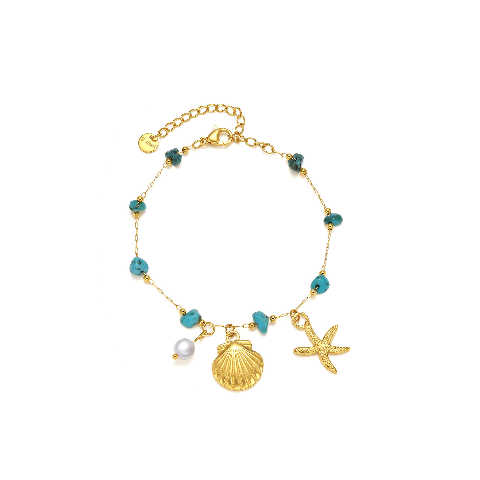 Pulsera Acero Mineral Pulsera Acero Mineral - Concha y Estrella de Mar - 17 + 5 cm - Color Oro y Color Acero