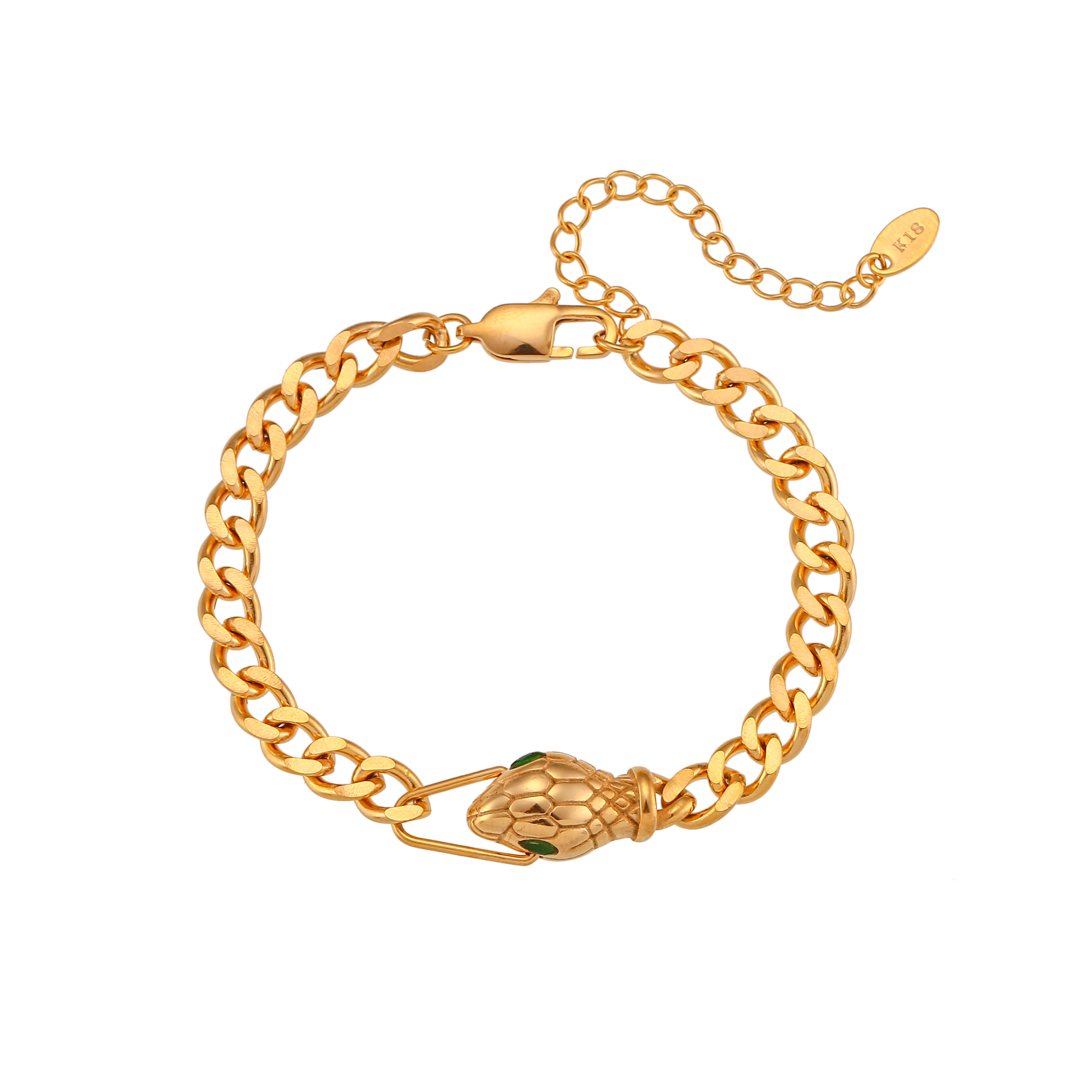 Steel Zirconia Bracelets Steel Bracelet - Link With Snake Head - Green Zirconia - 16 + 5 cm - Gold Colour